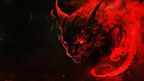 Demonic feline head emerges in red vaporous digital abstraction