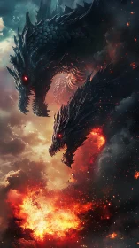 Dual dark dragons over erupting inferno and storm clouds.