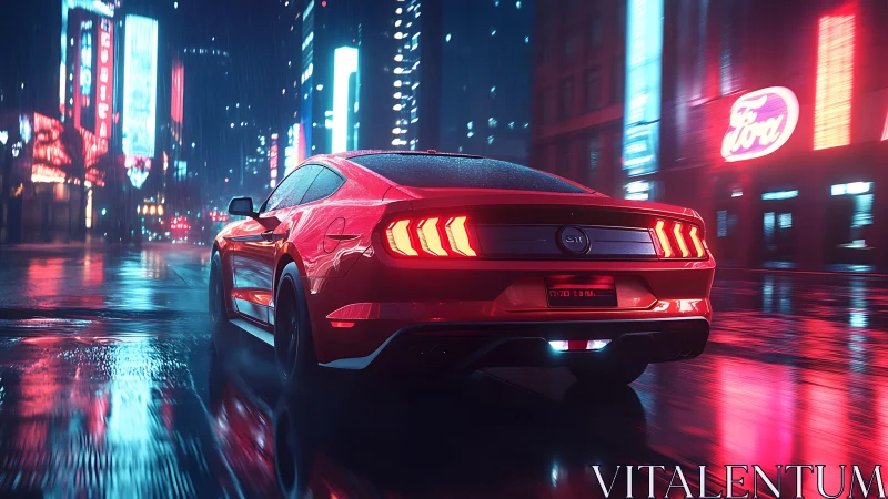 Red muscle car slices through neon soaked midnight city streets.
