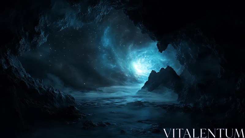 Cave opening framing distant luminous ocean horizon.