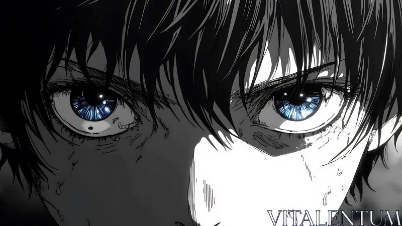 Intense anime close-up isolates blue irises with high-contrast linework