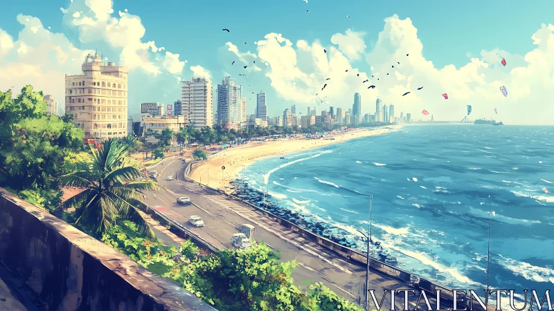 Coastal city skyline with curved beachfront road and sea.