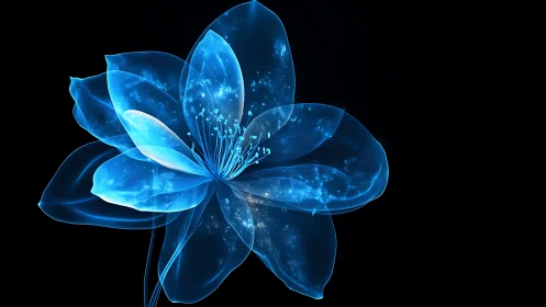 Luminous blue digital flower glows softly on deep black