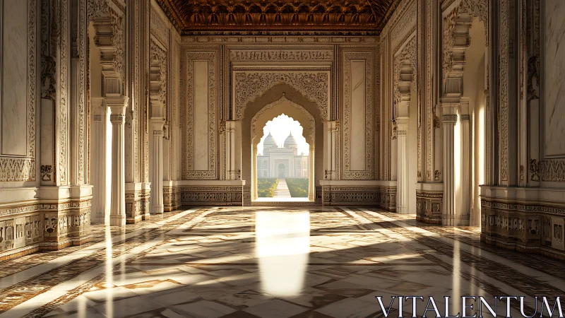 Golden morning light gently fills an ornate marble palace