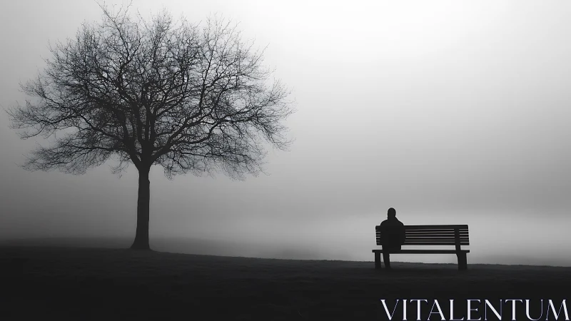 Solitary figure on bench in misty monochrome landscape study.