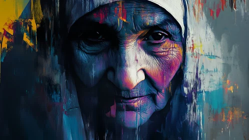 Gentle elder&rsquo;s colorful gaze wrapped in quiet wisdom.