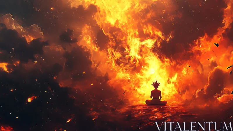 Meditative Figure in Blazing Inferno: Digital Rendering of Transcendent Composure.