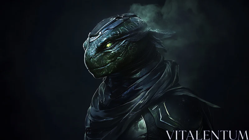 Armored reptilian warrior stands in moody cinematic portrait