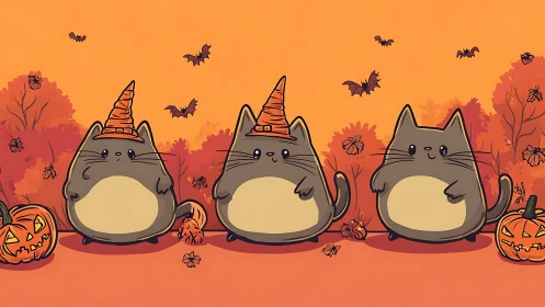 Halloween Wizard Cats with Jack-O-Lantern Pumpkins Autumn Scene