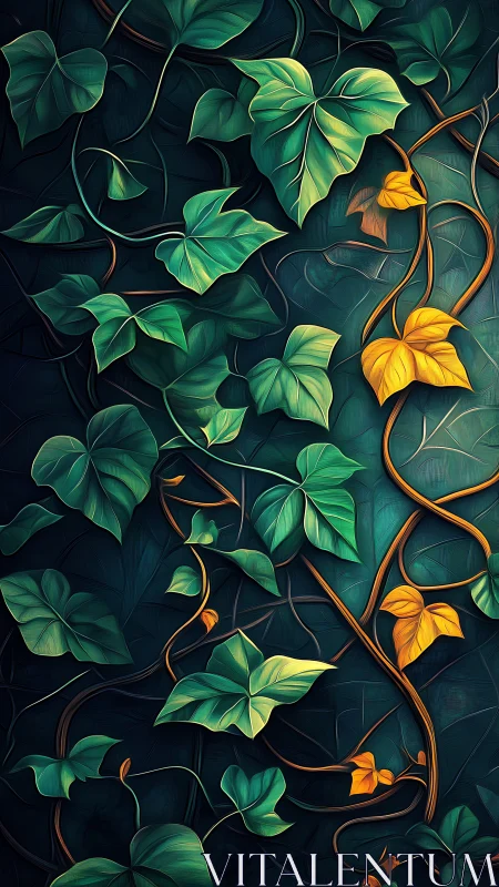Digital ivy vines with teal leaves and golden accents.