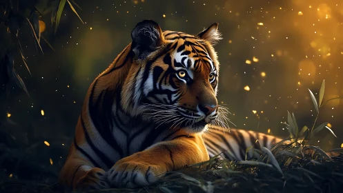 Tiger resting in glowing forest light with warm sparks.