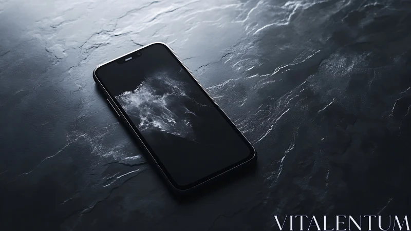 Minimalist smartphone with abstract splash screen on stone.