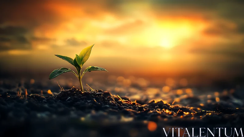 Single green seedling emerges from soil under low sunset light