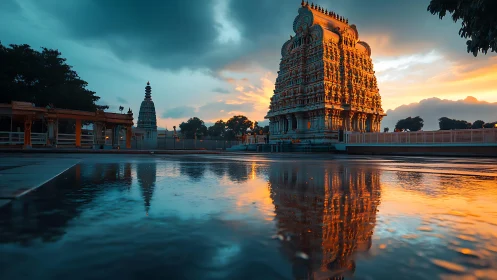 Golden temple tower mirrored in storm-cleared sunset puddles.