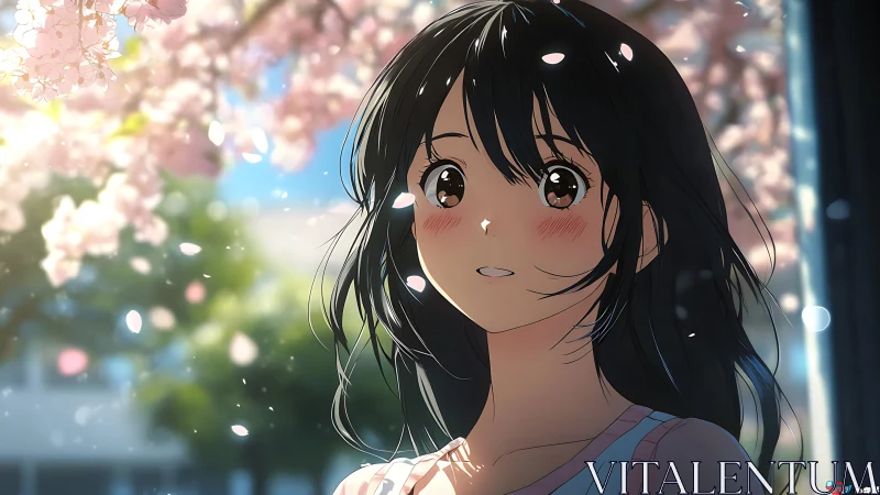 Blushing spring gaze beneath drifting cherry blossom daylight.