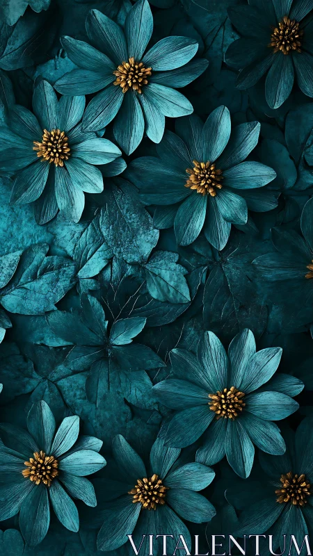 Teal Flowers with Gold Centers Against Dark Foliage.