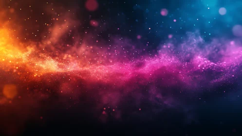 Glowing cosmic nebula in warm pink, gold, and deep blue night.