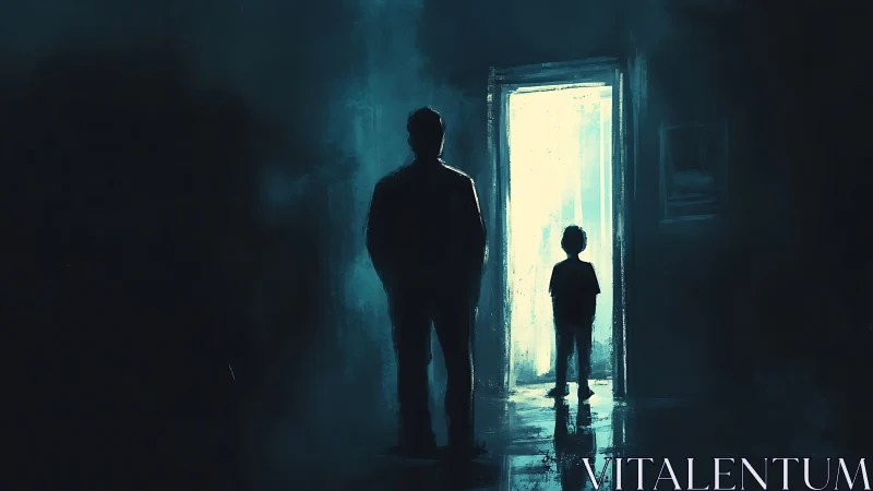 Backlit silhouettes of man and child in doorway, teal gloom