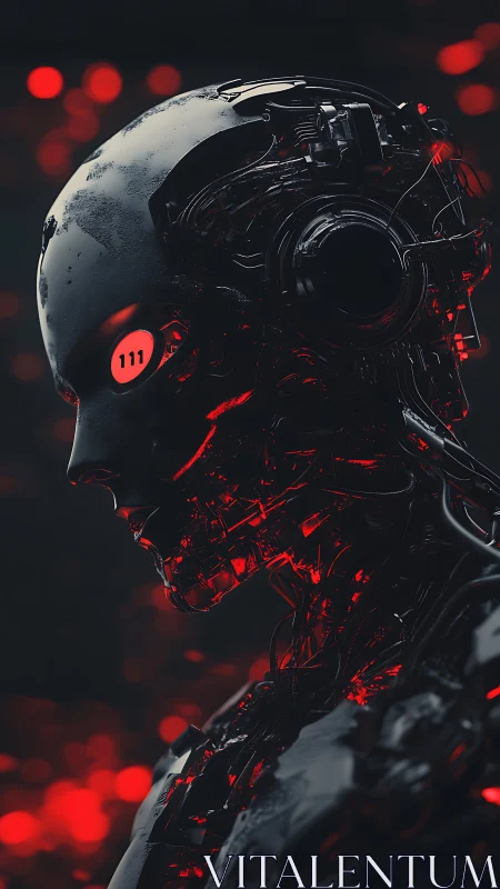Cyborg profile shows exposed red circuitry in dark environment