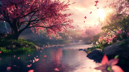 Sunlit cherry blossoms over river rendered with soft depth of field