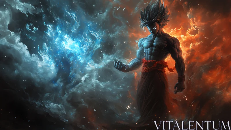Elemental anime warrior between blue ice and orange fire.