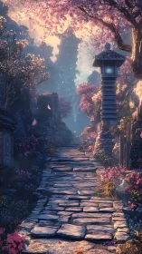 Stone path through cherry trees and lantern in soft light.