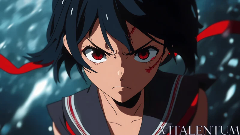 Intense anime heroine close-up with battle scars and red accents
