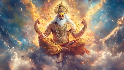 Radiant cosmic sage resting in golden meditative stillness.