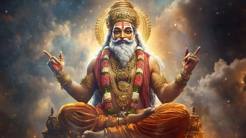 Divine sage deity in lotus pose with radiant cosmic halo glow