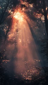 Vertical forest scene with filtered sunlight through canopy.