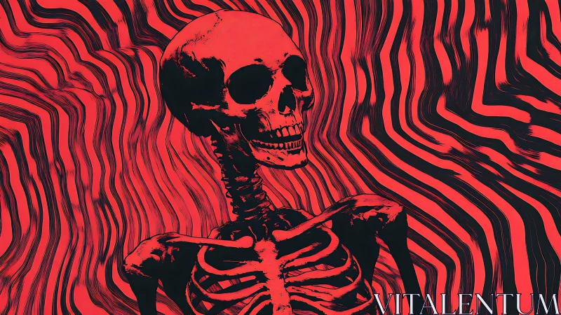 Human skeleton with red and black warped line background.