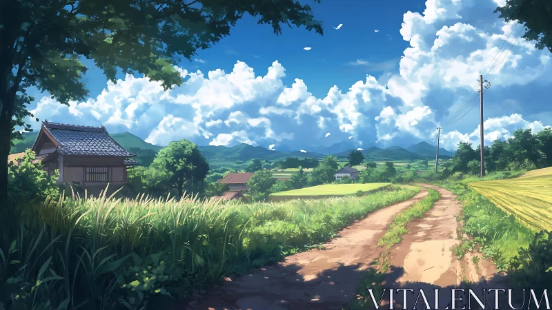 Rural landscape illustration shows dirt road, fields and clouds