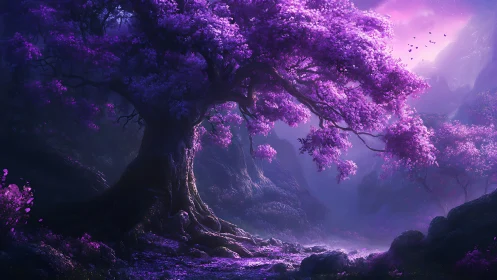 Majestic purple tree dominating a misty fantasy valley.
