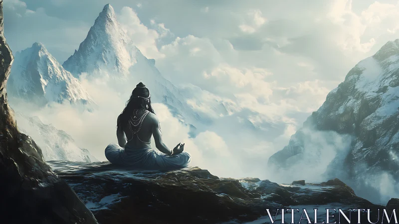 Seated figure overlooking snow covered mountain peaks.