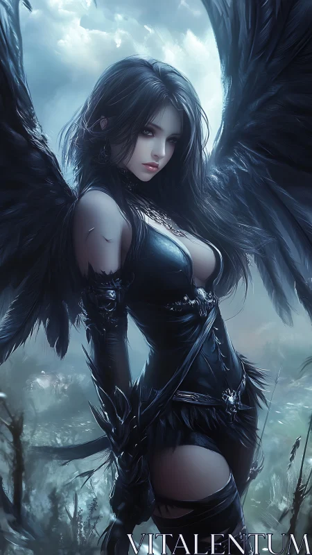 Dark-winged warrior angel stands poised in misted sky