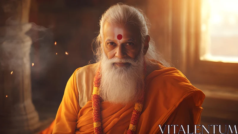 Luminous saffron-clad elder in volumetric temple backlight.