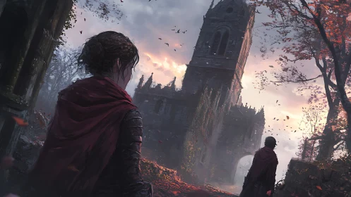 Cloaked figures observe ruined tower in autumn dusk.