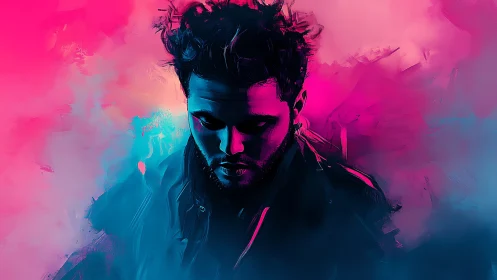 Moody neon portrait glows in vibrant pink and cyan haze
