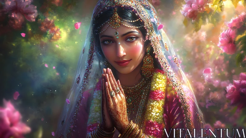 Indian bride portrait in floral garden setting artwork.
