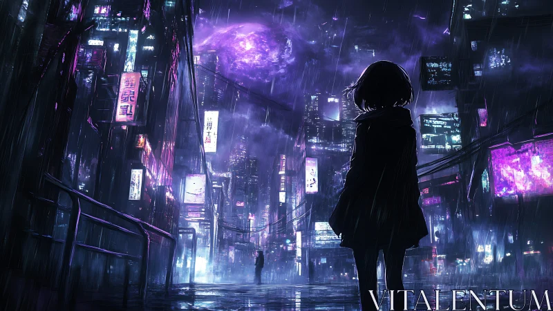Lone figure surveys neon storm over rain-soaked cyber city.