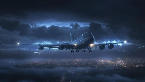 Widebody airliner on night final approach above city lights