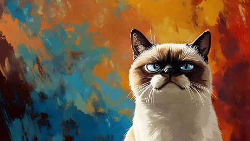 Siamese Cat with Piercing Blue Eyes Against Colorful Abstract Backdrop