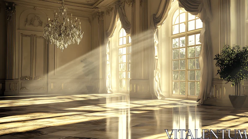 Sunlight waltzes through a silent gilded ballroom at dawn