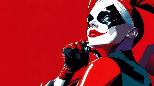 Crimson jester queen tilts her chin toward neon mayhem