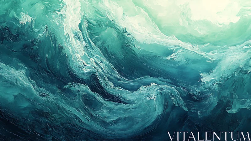 Digital seascape depicts layered turquoise waves in motion