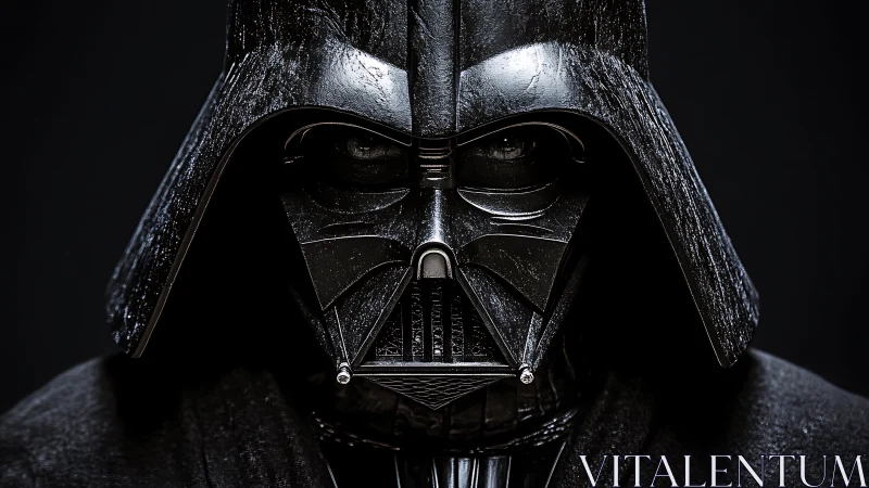 Black armored sci fi helmeted figure in frontal close view.