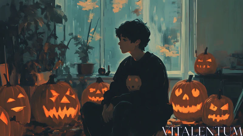 Moody interior Halloween scene with volumetric jack-o-lantern lighting