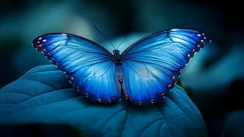 Midnight blue butterfly poised on moonlit forest leaf.