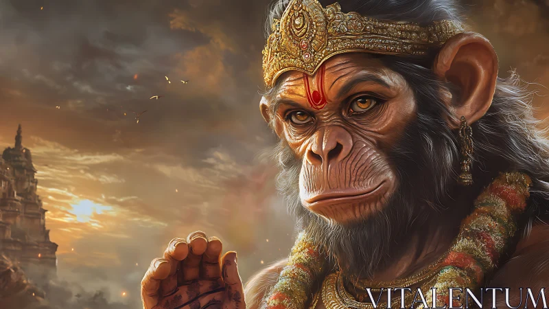 Divine simian portrait with jeweled crown in sunset aura.