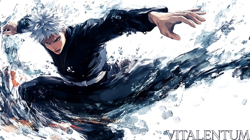 Silver-haired warrior unleashes swirling elemental strike.